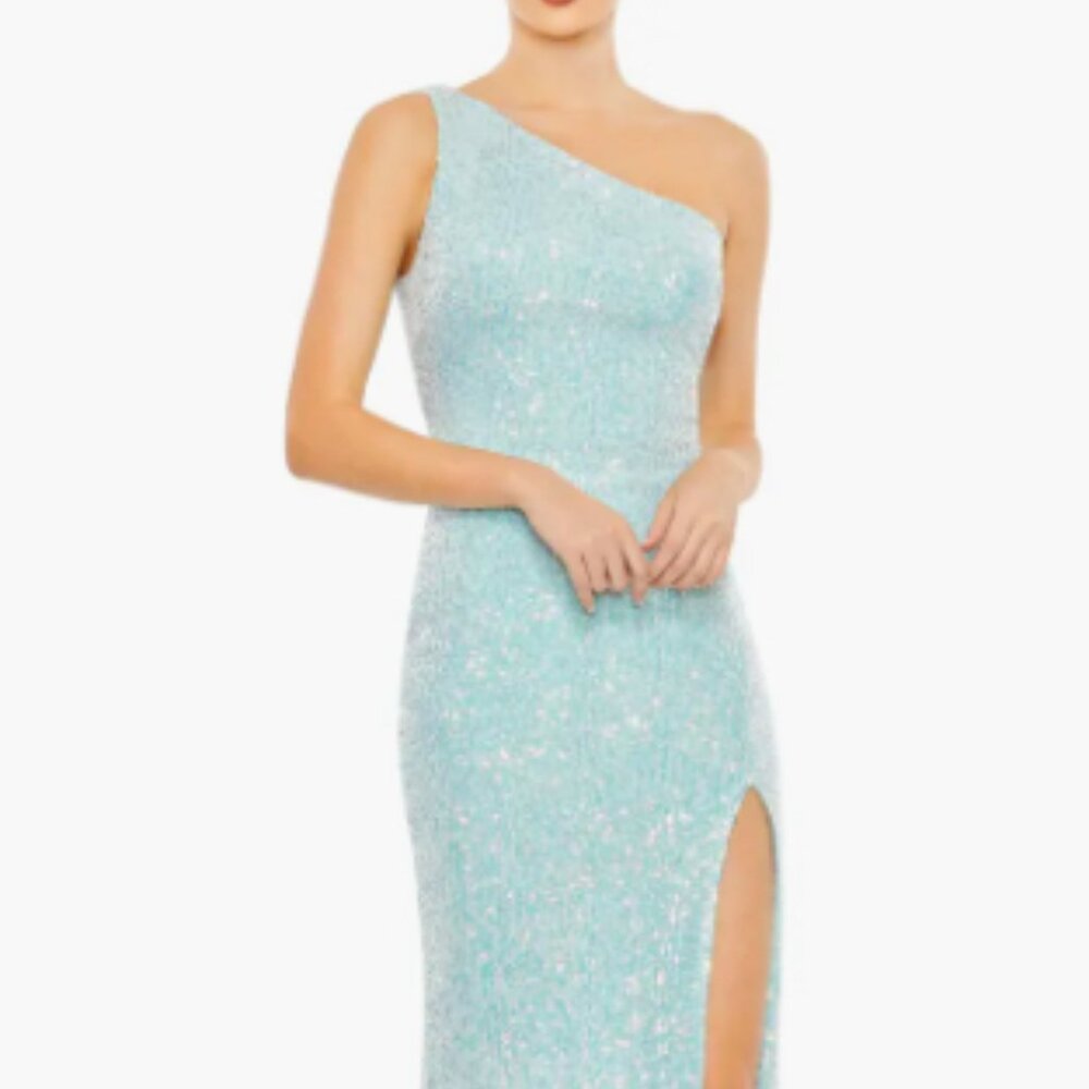 MAC DUGGAL IEENA FOR MAC DUGGAL SEQUINED ONE SHOULDER DRAPED BACK GOWN ICE BLUE - Picture 2 of 15